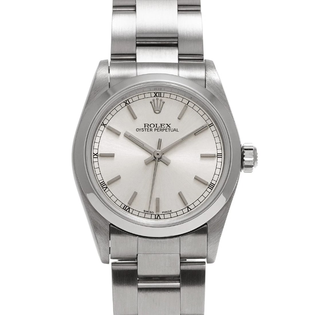 ROLEX OYSTER PERPETUAL SILVER WATCH: ROLEX Oyster Perpetual Silver Watch Brand: ROLEX Type: Wristwatch Material: Band Material Stainless steel, Case Material Stainless steel Color: Dial Color Silver Size: ??Case? H/about 31mm