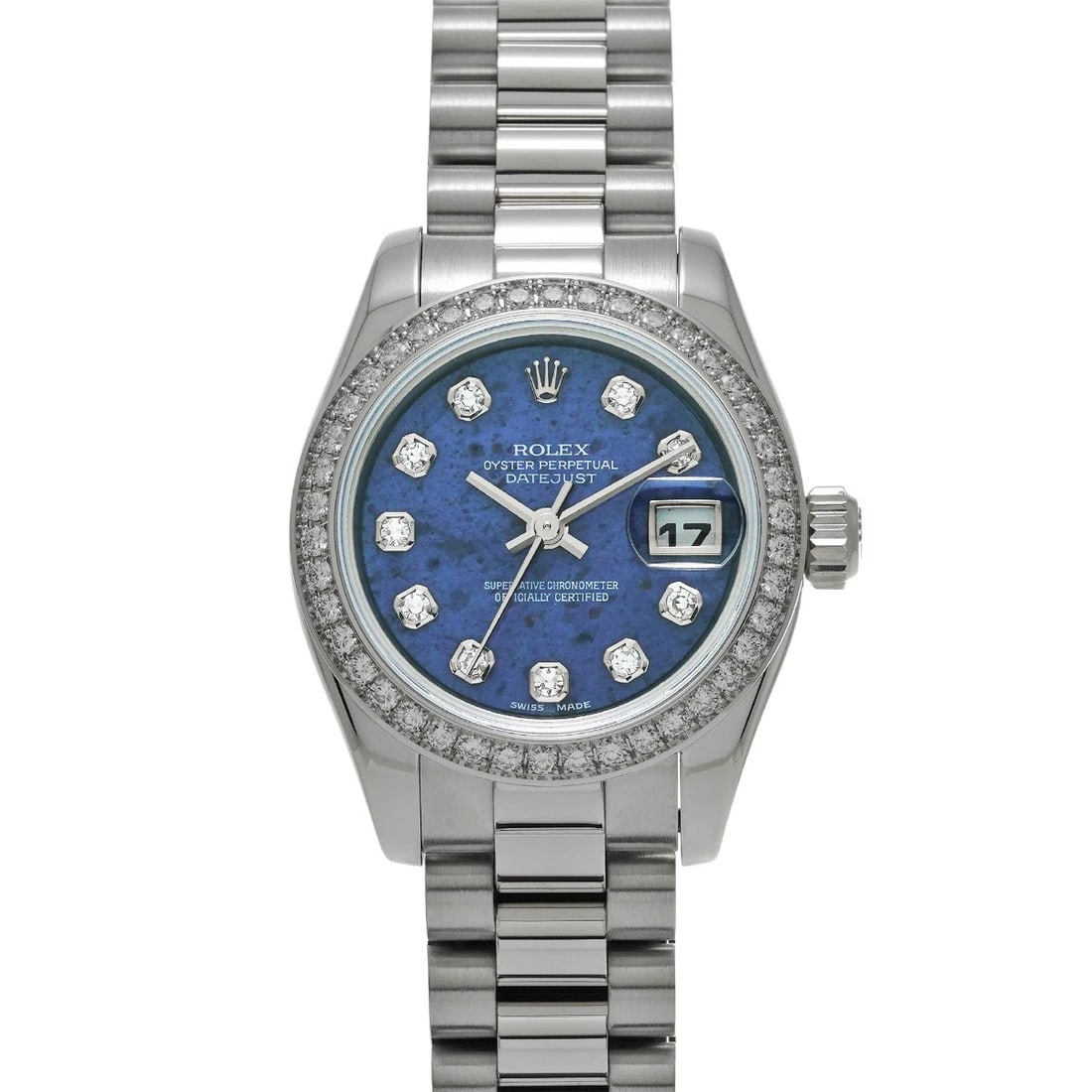 ROLEX DATEJUST SODALITE DIAMOND WATCH: ROLEX Datejust Sodalite diamond Watch Brand: ROLEX Type: Wristwatch Material: Band Material Platinum, Case Material Platinum Color: Dial Color Sodalite/diamond Size: ??Case? H/about 26mm W/about 2