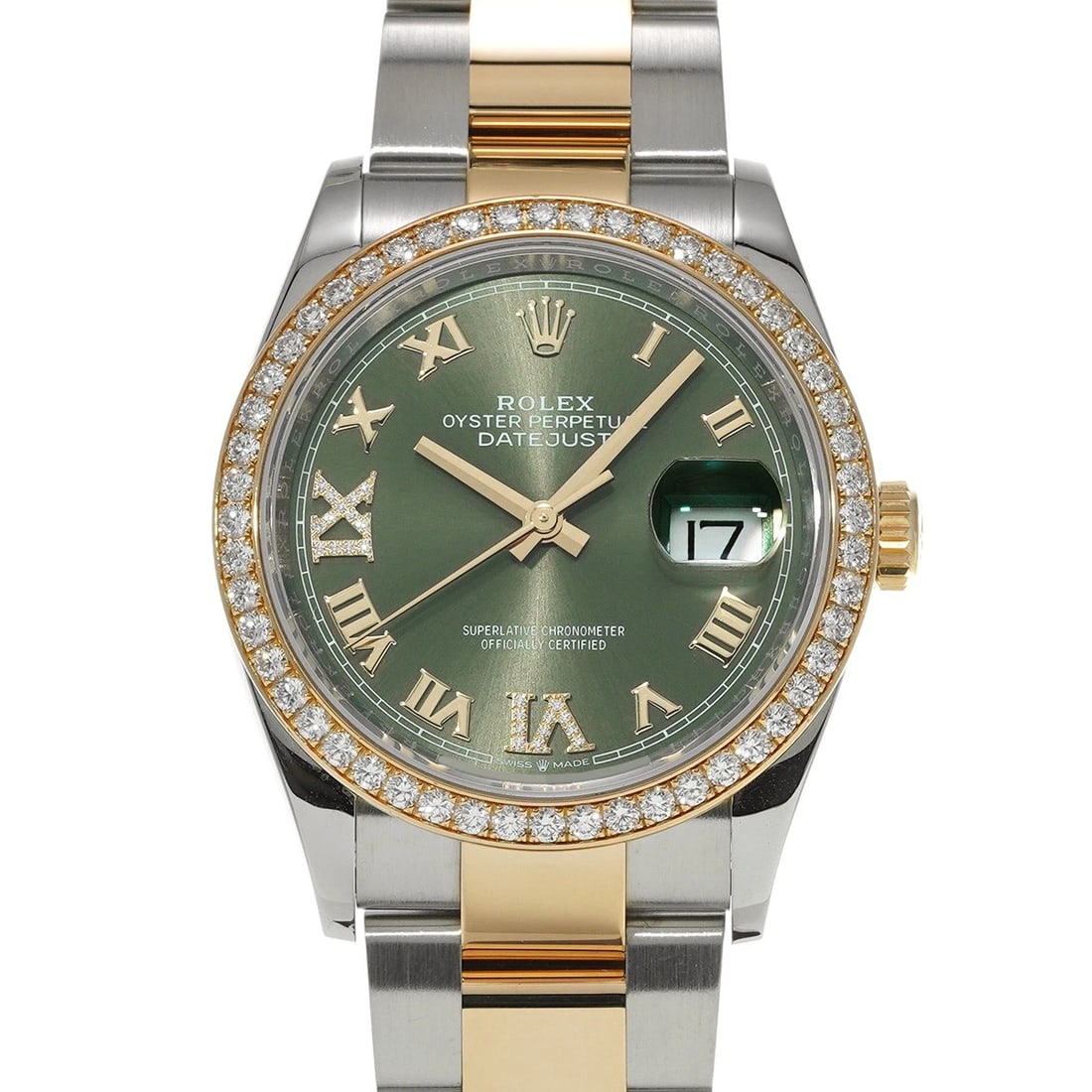 ROLEX DATEJUST OLIVE GREEN DIAMOND WATCH: ROLEX Datejust Olive green diamond Watch Brand: ROLEX Type: Wristwatch Material: Band Material Stainless steel/Yellow Gold, Case Material Stainless steel Color: Dial Color Olive green/diamond 