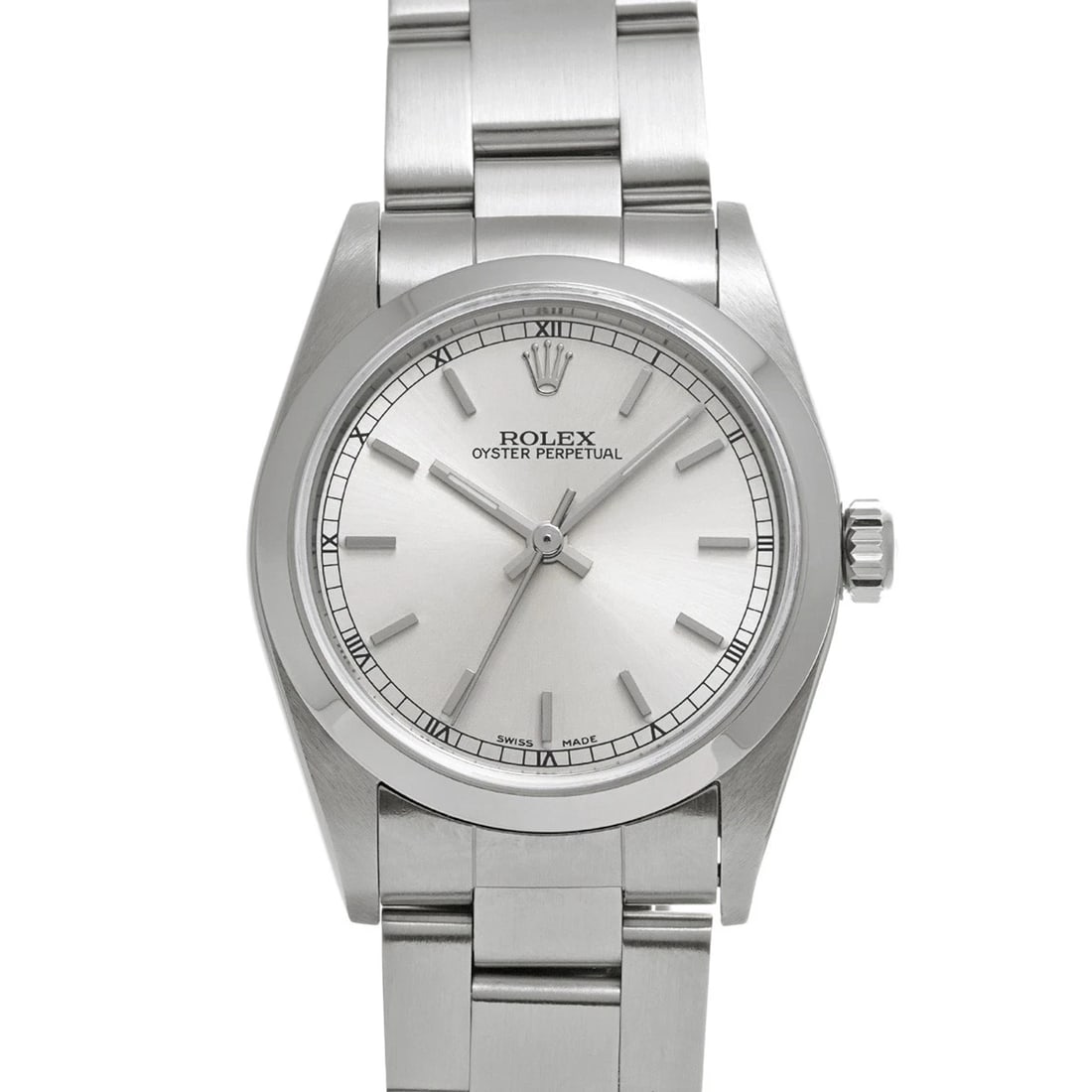 ROLEX OYSTER PERPETUAL SILVER WATCH: ROLEX Oyster Perpetual Silver Watch Brand: ROLEX Type: Wristwatch Material: Band Material Stainless steel, Case Material Stainless steel Color: Dial Color Silver Size: ??Case? H/about 31mm