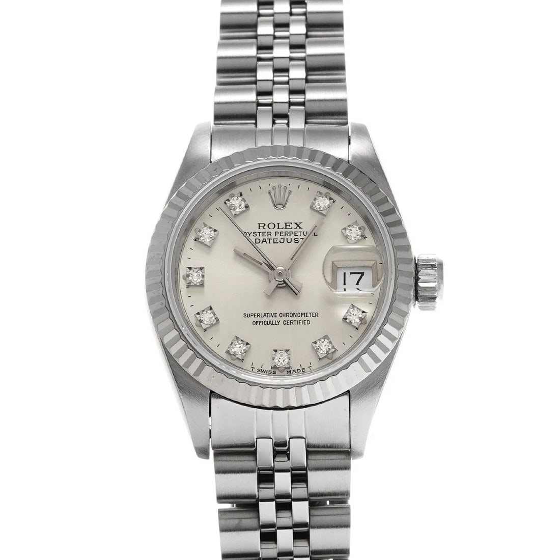 ROLEX DATEJUST SILVER DIAMOND WATCH: ROLEX Datejust Silver diamond Watch Brand: ROLEX Type: Wristwatch Material: Band Material Stainless steel, Case Material Stainless steel Color: Dial Color Silver/diamond Size: ??Case? H/about