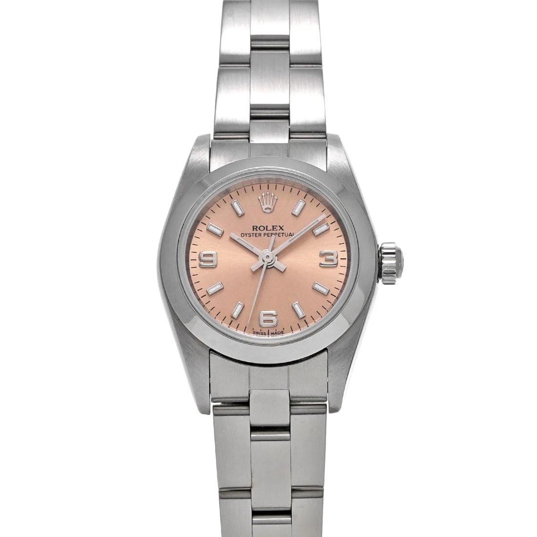 ROLEX OYSTER PERPETUAL PINK WATCH: ROLEX Oyster Perpetual pink Watch Brand: ROLEX Type: Wristwatch Material: Band Material Stainless steel, Case Material Stainless steel Color: Dial Color pink Size: ??Case? H/about 24mm W/about