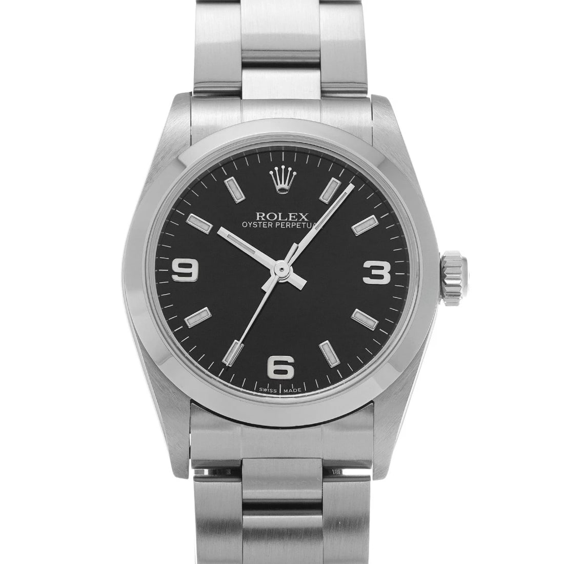 ROLEX OYSTER PERPETUAL BLACK WATCH: ROLEX Oyster Perpetual black Watch Brand: ROLEX Type: Wristwatch Material: Band Material Stainless steel, Case Material Stainless steel Color: Dial Color black Size: ??Case? H/about 31mm
