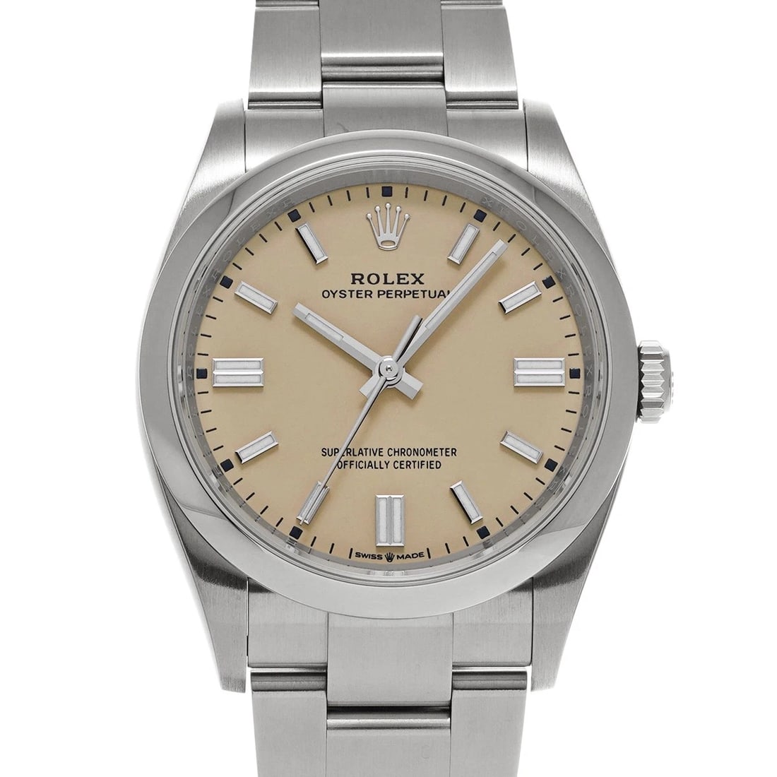 ROLEX OYSTER PERPETUAL BEIGE WATCH: ROLEX Oyster Perpetual beige Watch Brand: ROLEX Type: Wristwatch Material: Band Material Stainless steel, Case Material Stainless steel Color: Dial Color beige Size: ??Case? H/about 36mm