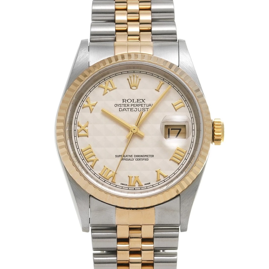 ROLEX DATEJUST IVORY PYRAMID WATCH: ROLEX Datejust Ivory Pyramid Watch Brand: ROLEX Type: Wristwatch Material: Band Material Stainless steel/Yellow Gold, Case Material Stainless steel Color: Dial Color Ivory Pyramid Size: