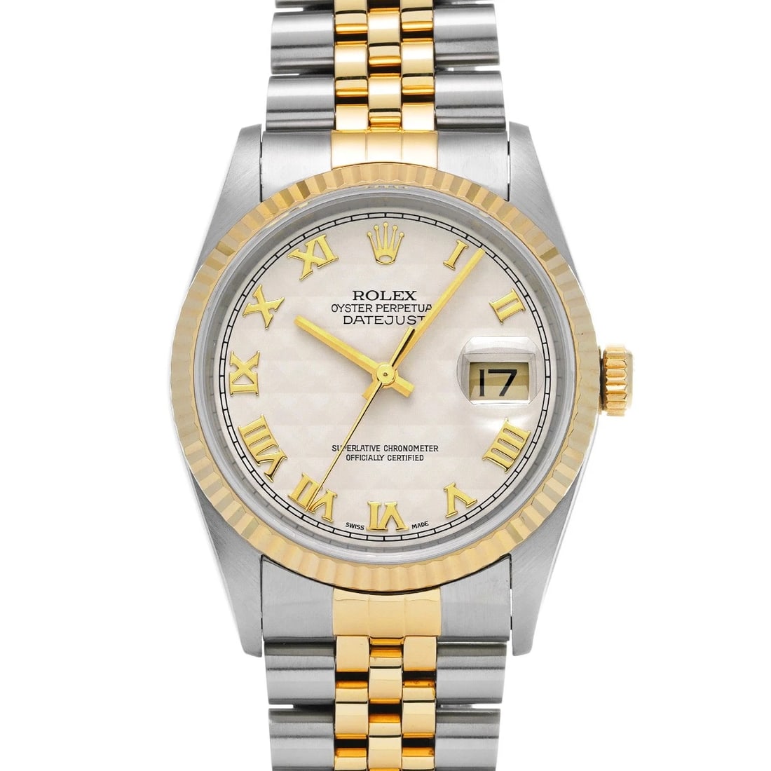 ROLEX DATEJUST IVORY PYRAMID WATCH: ROLEX Datejust Ivory Pyramid Watch Brand: ROLEX Type: Wristwatch Material: Band Material Stainless steel/Yellow Gold, Case Material Stainless steel Color: Dial Color Ivory Pyramid Size: