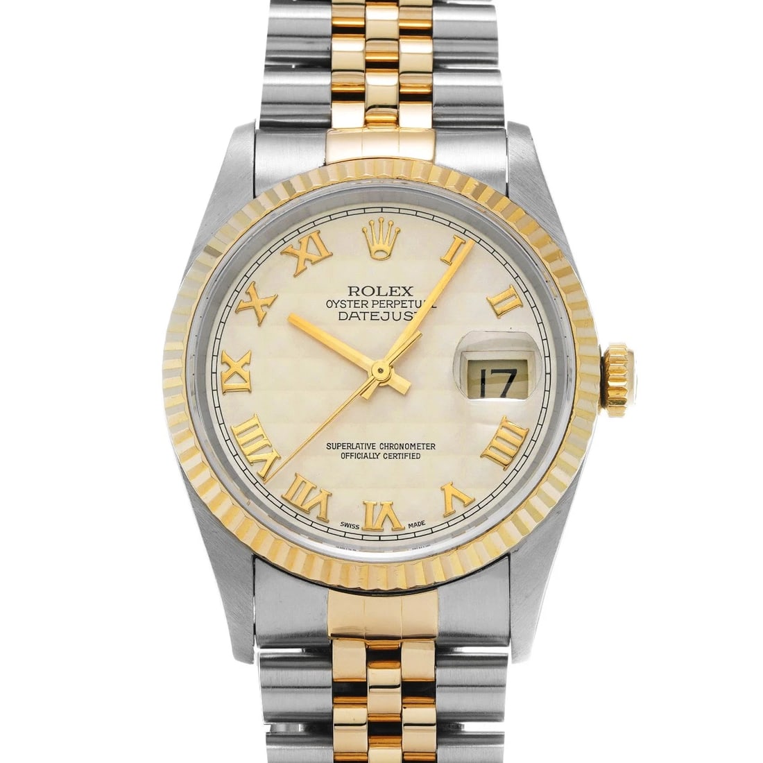 ROLEX DATEJUST IVORY PYRAMID WATCH: ROLEX Datejust Ivory Pyramid Watch Brand: ROLEX Type: Wristwatch Material: Band Material Stainless steel/Yellow Gold, Case Material Stainless steel Color: Dial Color Ivory Pyramid Size: