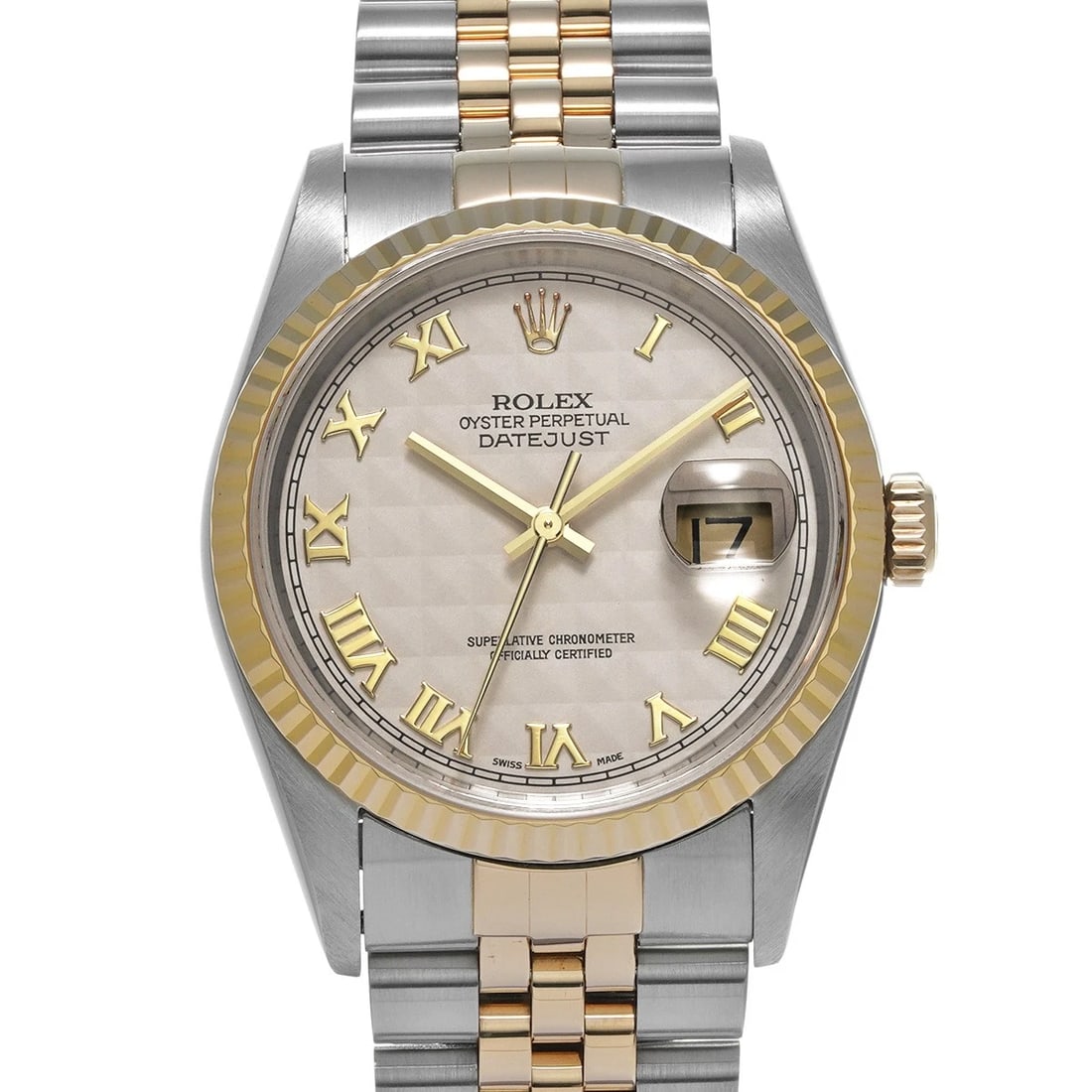 ROLEX DATEJUST IVORY PYRAMID WATCH: ROLEX Datejust Ivory Pyramid Watch Brand: ROLEX Type: Wristwatch Material: Band Material Stainless steel/Yellow Gold, Case Material Stainless steel Color: Dial Color Ivory Pyramid Size: