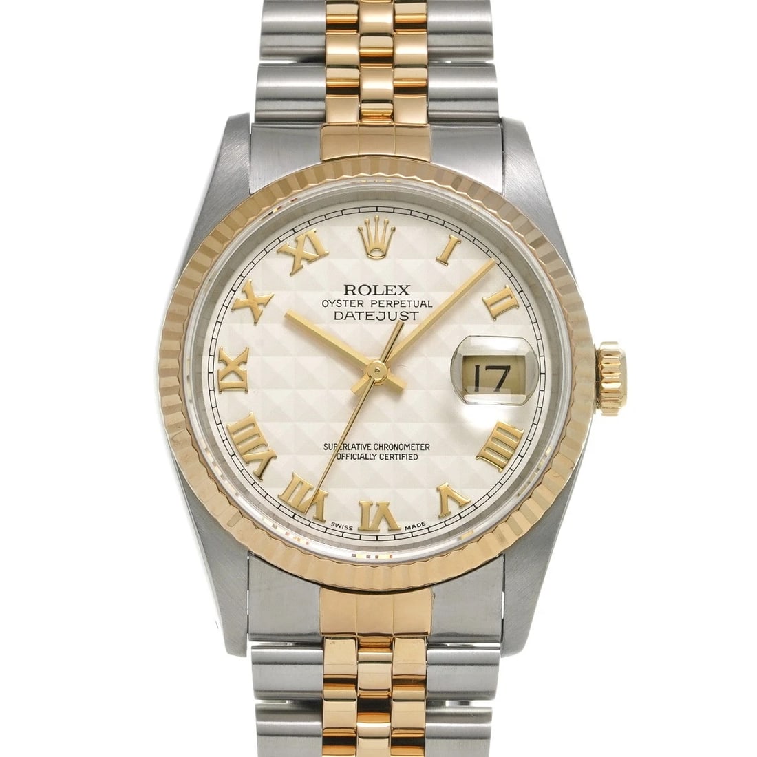 ROLEX DATEJUST IVORY PYRAMID WATCH: ROLEX Datejust Ivory Pyramid Watch Brand: ROLEX Type: Wristwatch Material: Band Material Stainless steel/Yellow Gold, Case Material Stainless steel Color: Dial Color Ivory Pyramid Size: