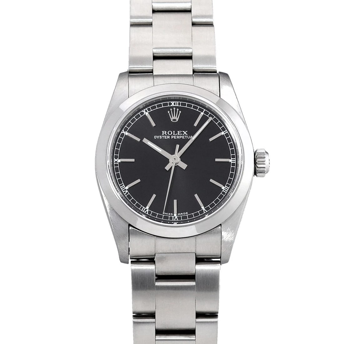 ROLEX OYSTER PERPETUAL BLACK WATCH: ROLEX Oyster Perpetual black Watch Brand: ROLEX Type: Wristwatch Material: Band Material Stainless steel, Case Material Stainless steel Color: Dial Color black Size: ??Case? H/about 31mm