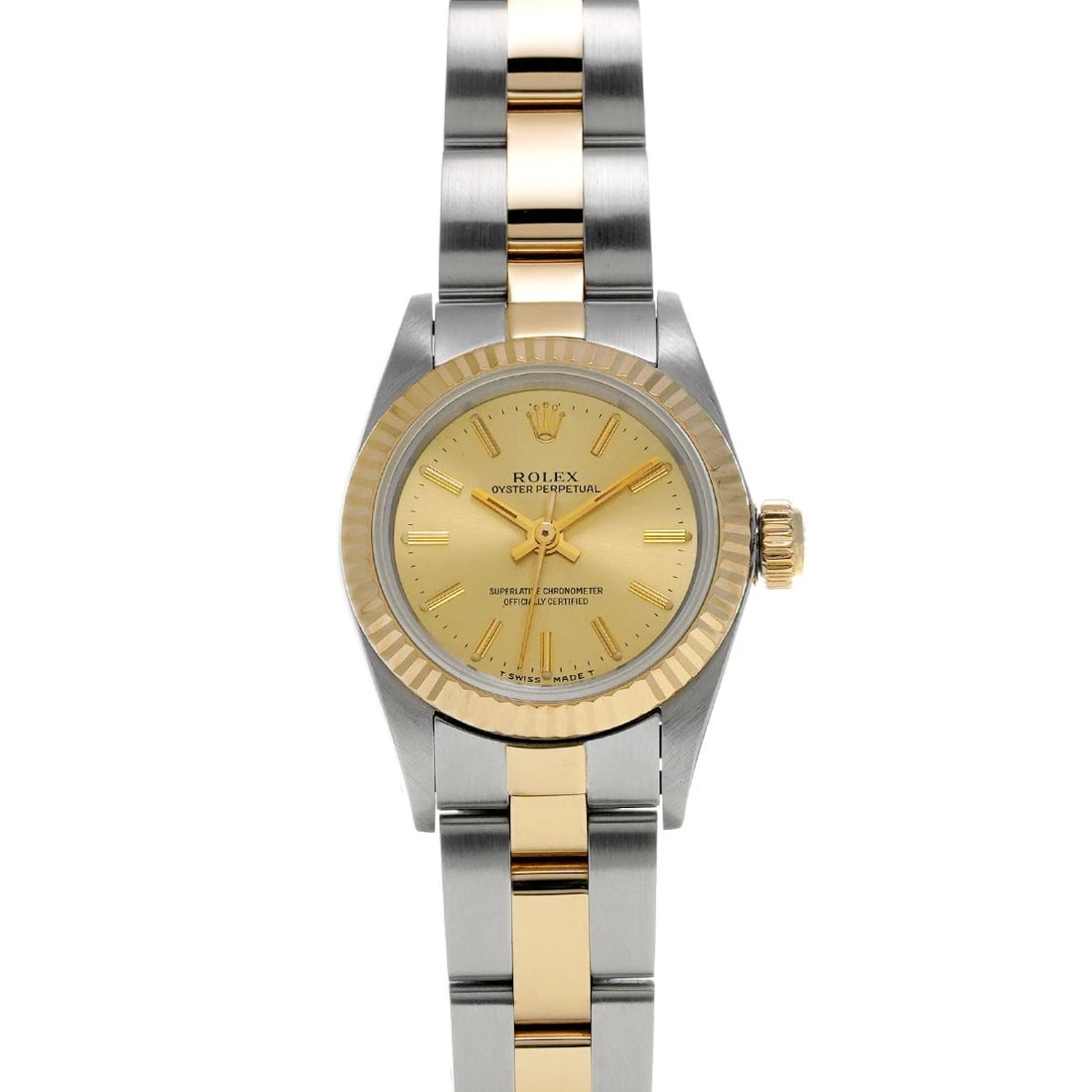 ROLEX OYSTER PERPETUAL CHAMPAGNE WATCH: ROLEX Oyster Perpetual Champagne Watch Brand: ROLEX Type: Wristwatch Material: Band Material Stainless steel/Yellow Gold, Case Material Stainless steel Color: Dial Color Champagne Size: