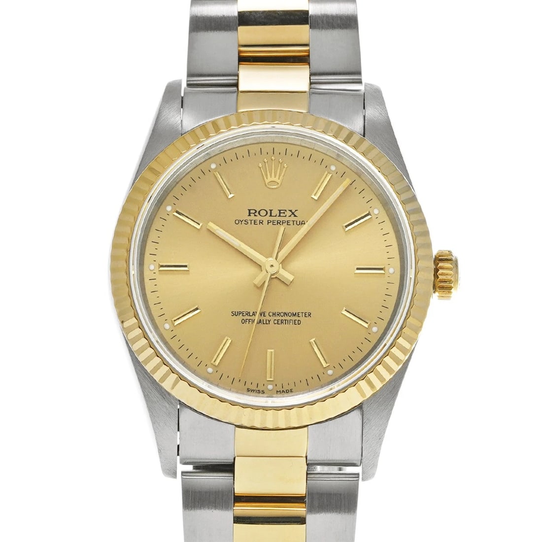 ROLEX OYSTER PERPETUAL CHAMPAGNE WATCH: ROLEX Oyster Perpetual Champagne Watch Brand: ROLEX Type: Wristwatch Material: Band Material Stainless steel/Yellow Gold, Case Material Stainless steel Color: Dial Color Champagne Size: