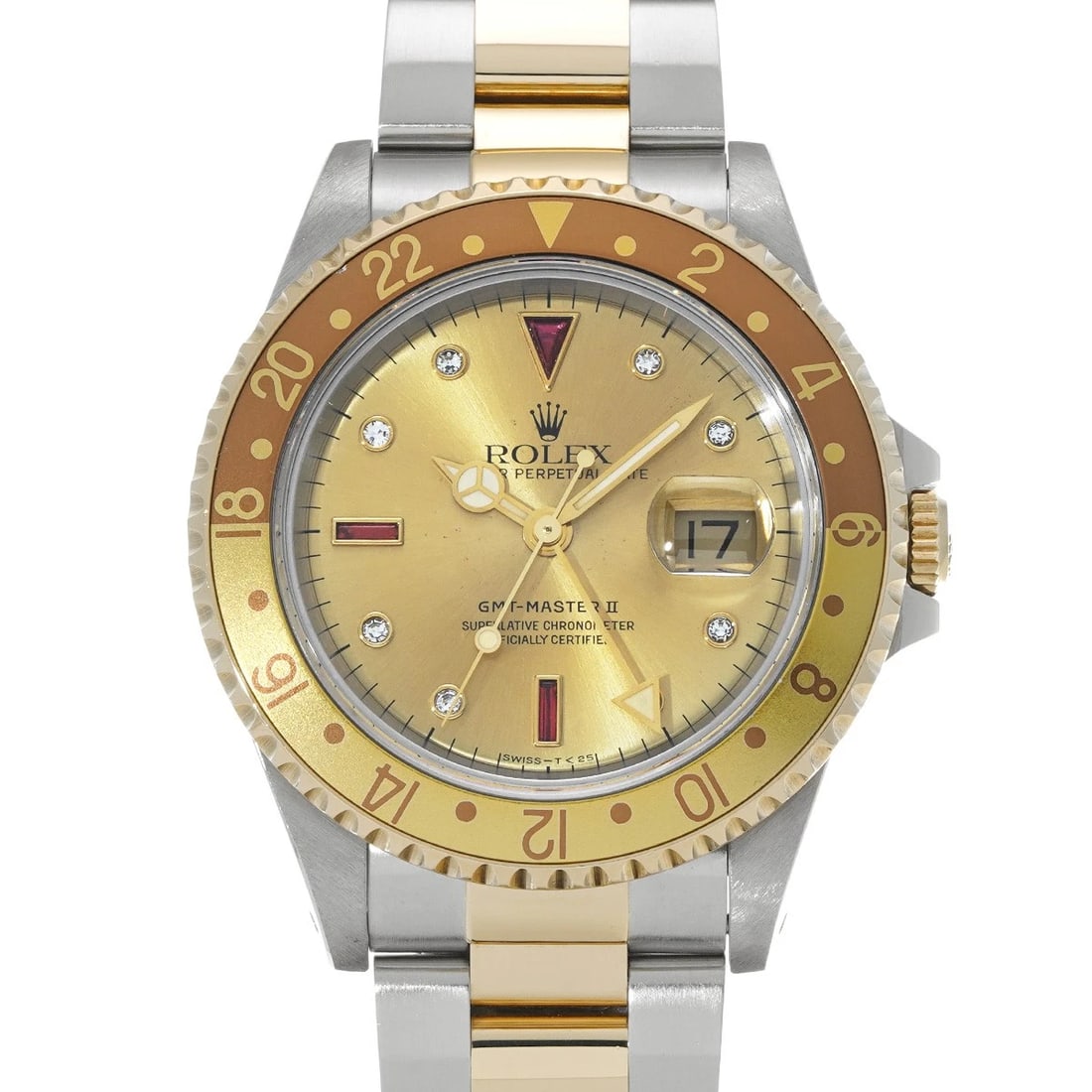 ROLEX MASTER CHAMPAGNE RUBY DIAMOND WATCH: ROLEX Master Champagne Ruby Diamond Watch Brand: ROLEX Type: Wristwatch Material: Band Material Stainless steel/Yellow Gold, Case Material Stainless steel Color: Dial Color Champagne/Ruby /