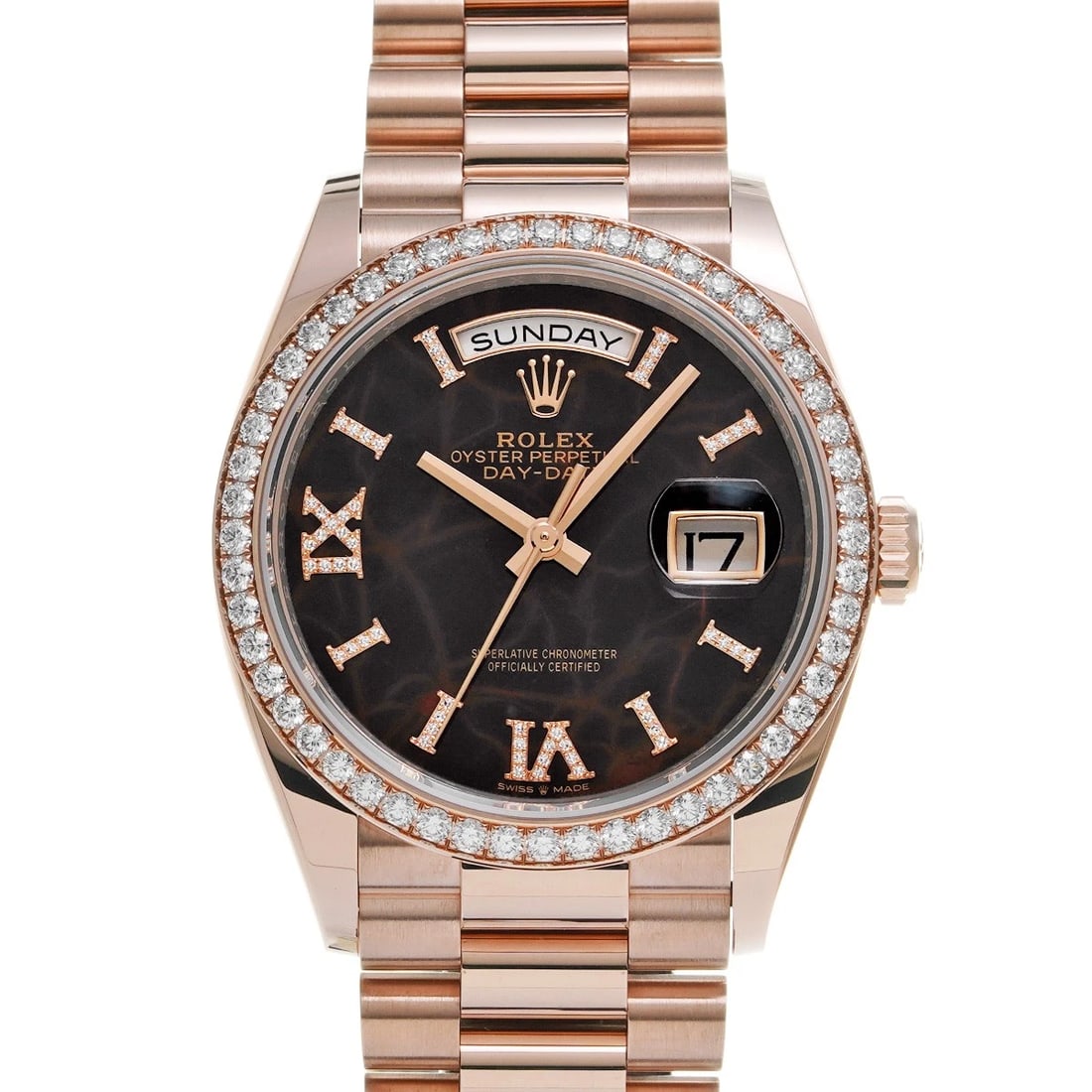 ROLEX EISEN KIESEL DIAMOND WATCH: ROLEX Eisen Kiesel diamond Watch Brand: ROLEX Type: Wristwatch Material: Band Material Everrose gold, Case Material Everrose gold Color: Dial Color Eisen Kiesel/diamond Size: ??Case? H/about 36mm
