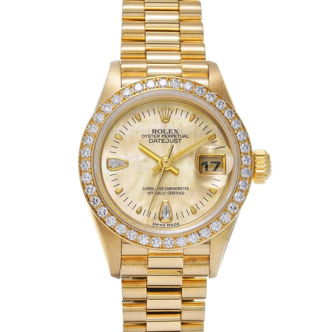 ROLEX DATEJUST YELLOW SHELL DIAMOND WATCH: ROLEX Datejust Yellow shell diamond Watch Brand: ROLEX Type: Wristwatch Material: Band Material Yellow Gold, Case Material Yellow Gold Color: Dial Color Yellow shell/diamond Size: ??Case?