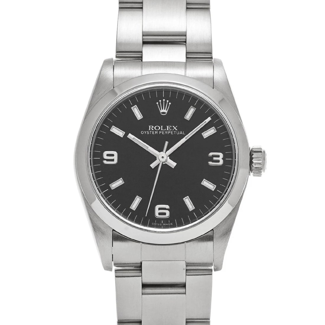 ROLEX OYSTER PERPETUAL BLACK WATCH: ROLEX Oyster Perpetual black Watch Brand: ROLEX Type: Wristwatch Material: Band Material Stainless steel, Case Material Stainless steel Color: Dial Color black Size: ??Case? H/about 31mm