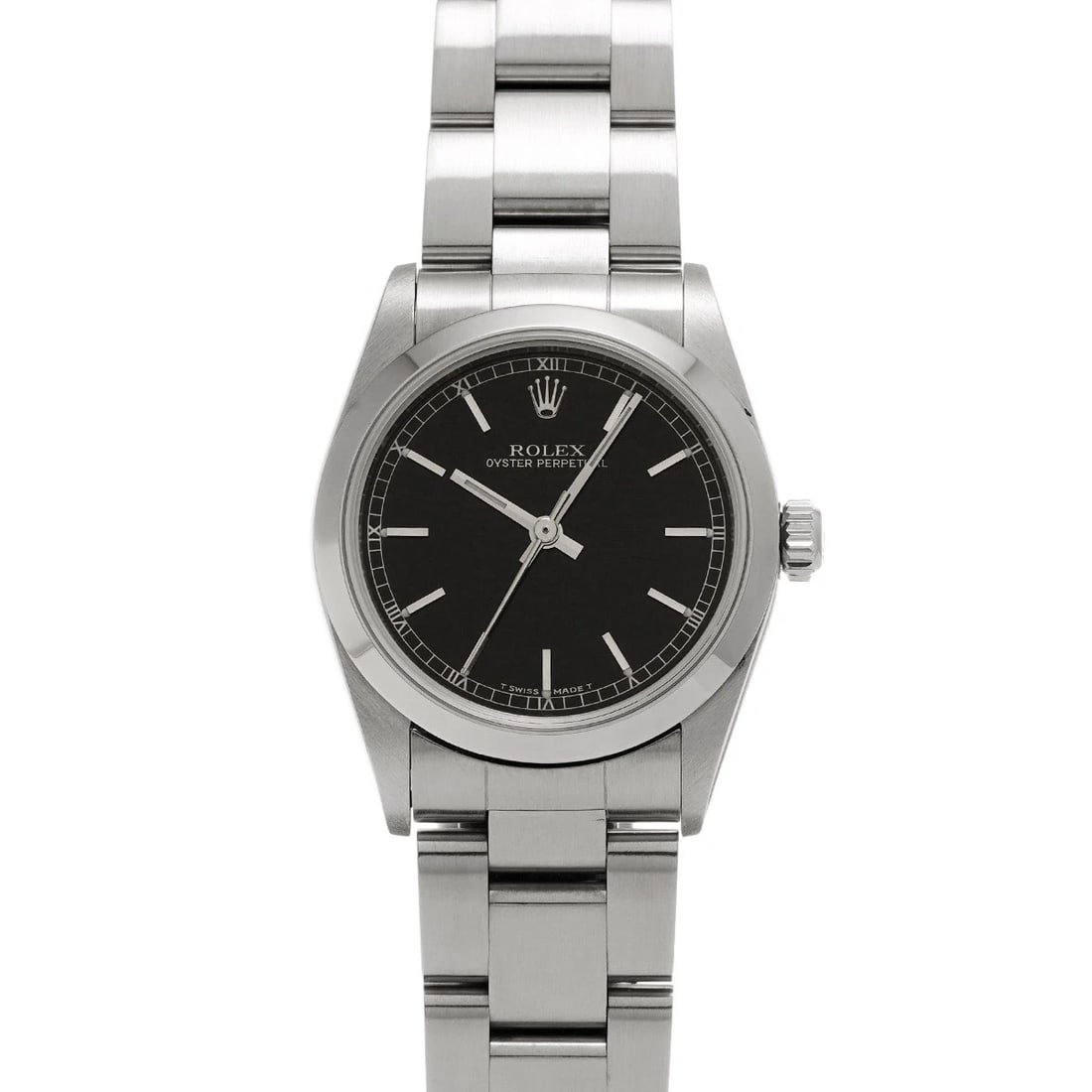 ROLEX OYSTER PERPETUAL BLACK WATCH: ROLEX Oyster Perpetual black Watch Brand: ROLEX Type: Wristwatch Material: Band Material Stainless steel, Case Material Stainless steel Color: Dial Color black Size: ??Case? H/about 31mm