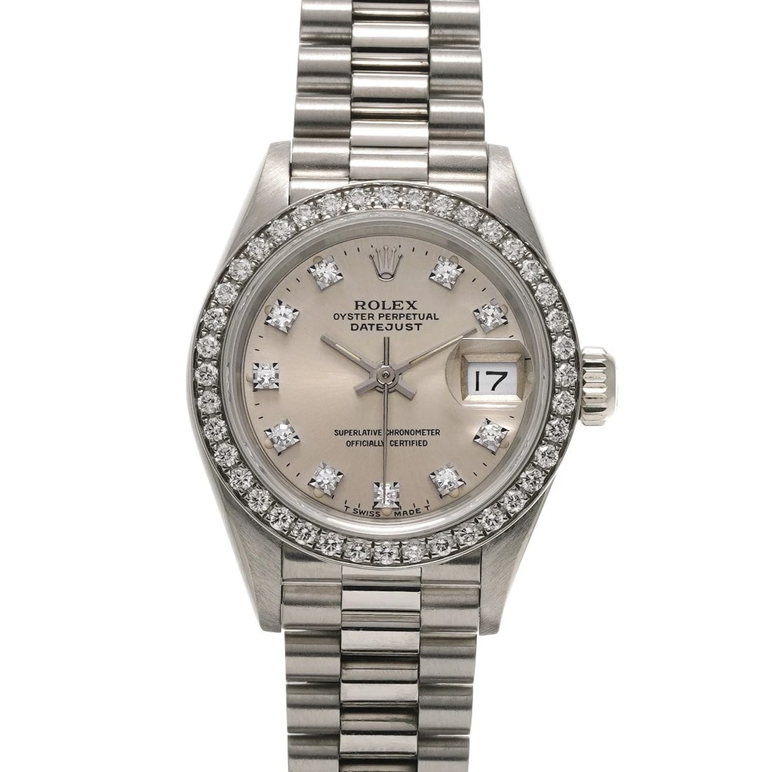 ROLEX DATEJUST SILVER DIAMOND WATCH: ROLEX Datejust Silver diamond Watch Brand: ROLEX Type: Wristwatch Material: Band Material White gold, Case Material White gold Color: Dial Color Silver/diamond Size: ??Case? H/about 26mm