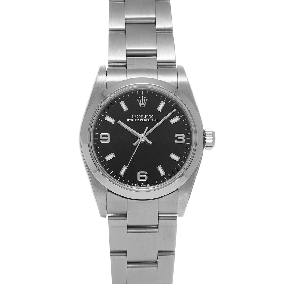 ROLEX OYSTER PERPETUAL BLACK WATCH: ROLEX Oyster Perpetual black Watch Brand: ROLEX Type: Wristwatch Material: Band Material Stainless steel, Case Material Stainless steel Color: Dial Color black Size: ??Case? H/about 31mm