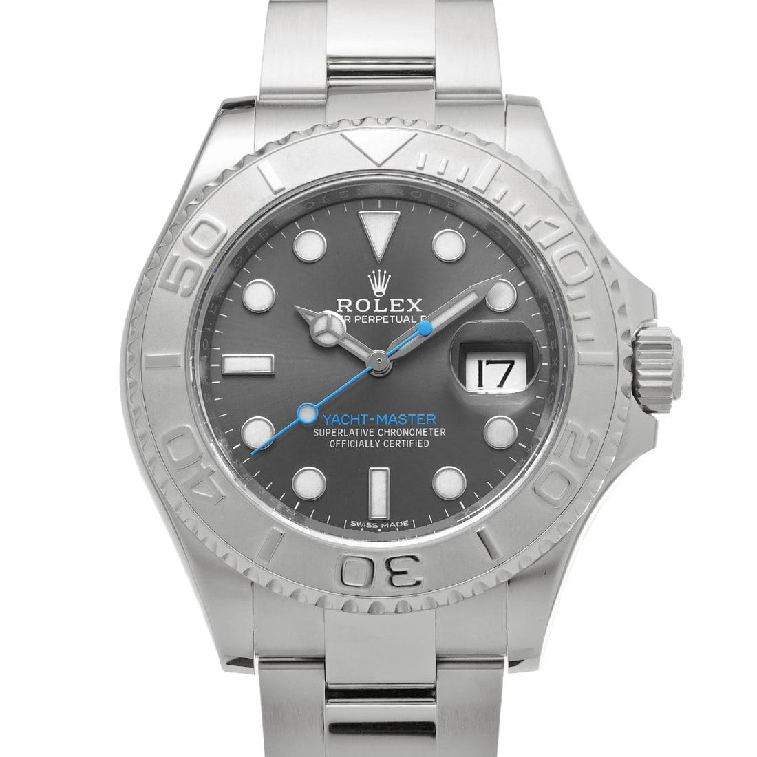 ROLEX YACHT MASTER DARK RHODIUM WATCH: ROLEX Yacht Master Dark Rhodium Watch Brand: ROLEX Type: Wristwatch Material: Band Material Stainless steel, Case Material Stainless steel Color: Dial Color Dark Rhodium Size: ??Case? H/about 40mm
