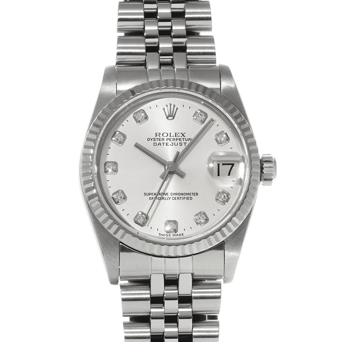 ROLEX DATEJUST SILVER DIAMOND WATCH: ROLEX Datejust Silver diamond Watch Brand: ROLEX Type: Wristwatch Material: Band Material Stainless steel, Case Material Stainless steel Color: Dial Color Silver/diamond Size: ??Case? H/about