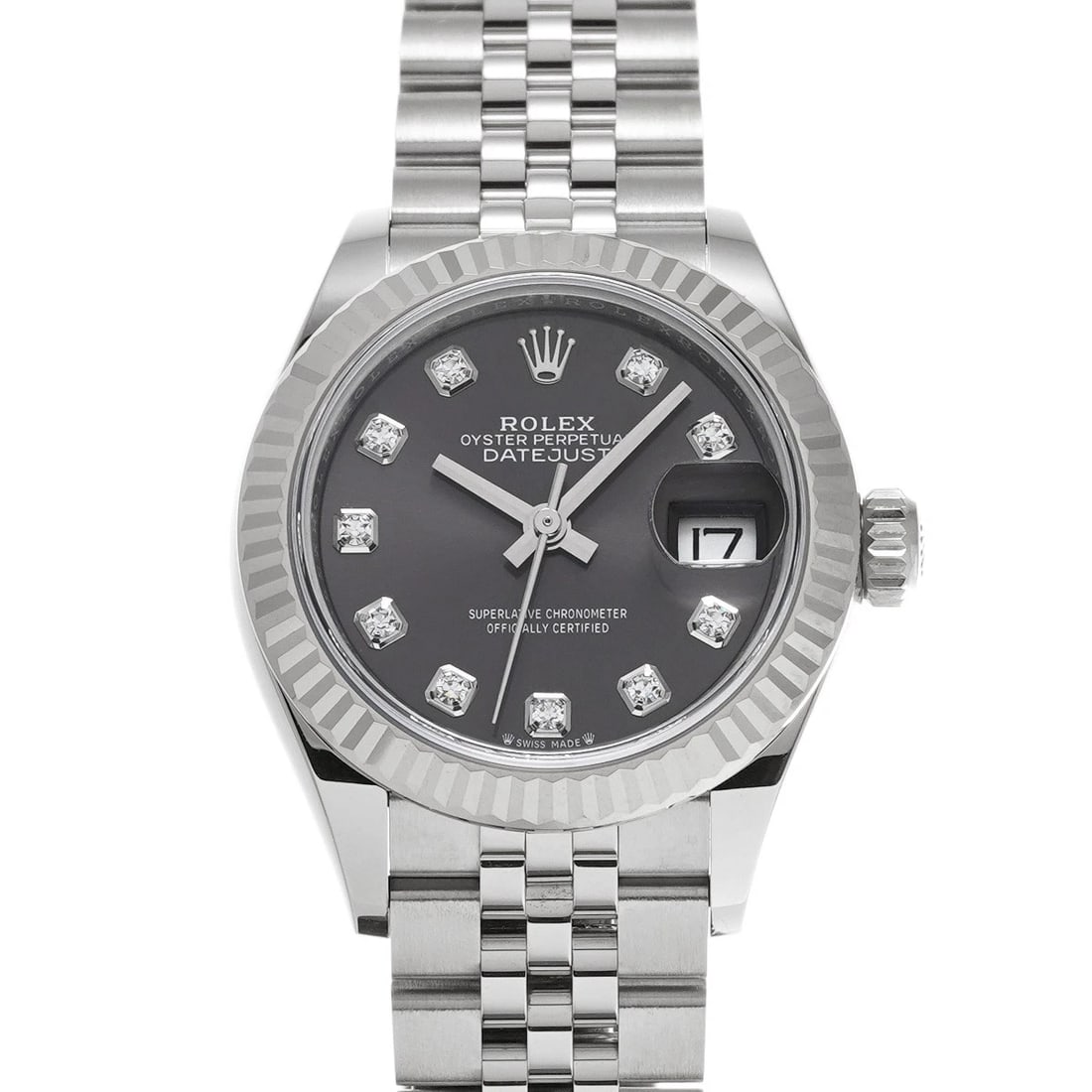 ROLEXDATEJUST GRAY DIAMOND WATCH: ROLEXDatejust gray diamond Watch Brand: ROLEX Type: Wristwatch Material: Band Material Stainless steel, Case Material Stainless steel Color: Dial Color gray/diamond Size: ??Case? H/about 28mm