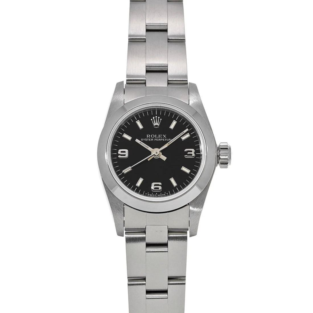 ROLEX OYSTER PERPETUAL BLACK WATCH: ROLEX Oyster Perpetual black Watch Brand: ROLEX Type: Wristwatch Material: Band Material Stainless steel, Case Material Stainless steel Color: Dial Color black Size: ??Case? H/about 24mm