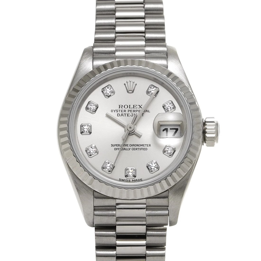 ROLEX DATEJUST SILVER DIAMOND WATCH: ROLEX Datejust Silver diamond Watch Brand: ROLEX Type: Wristwatch Material: Band Material White gold, Case Material White gold Color: Dial Color Silver/diamond Size: ??Case? H/about 26mm