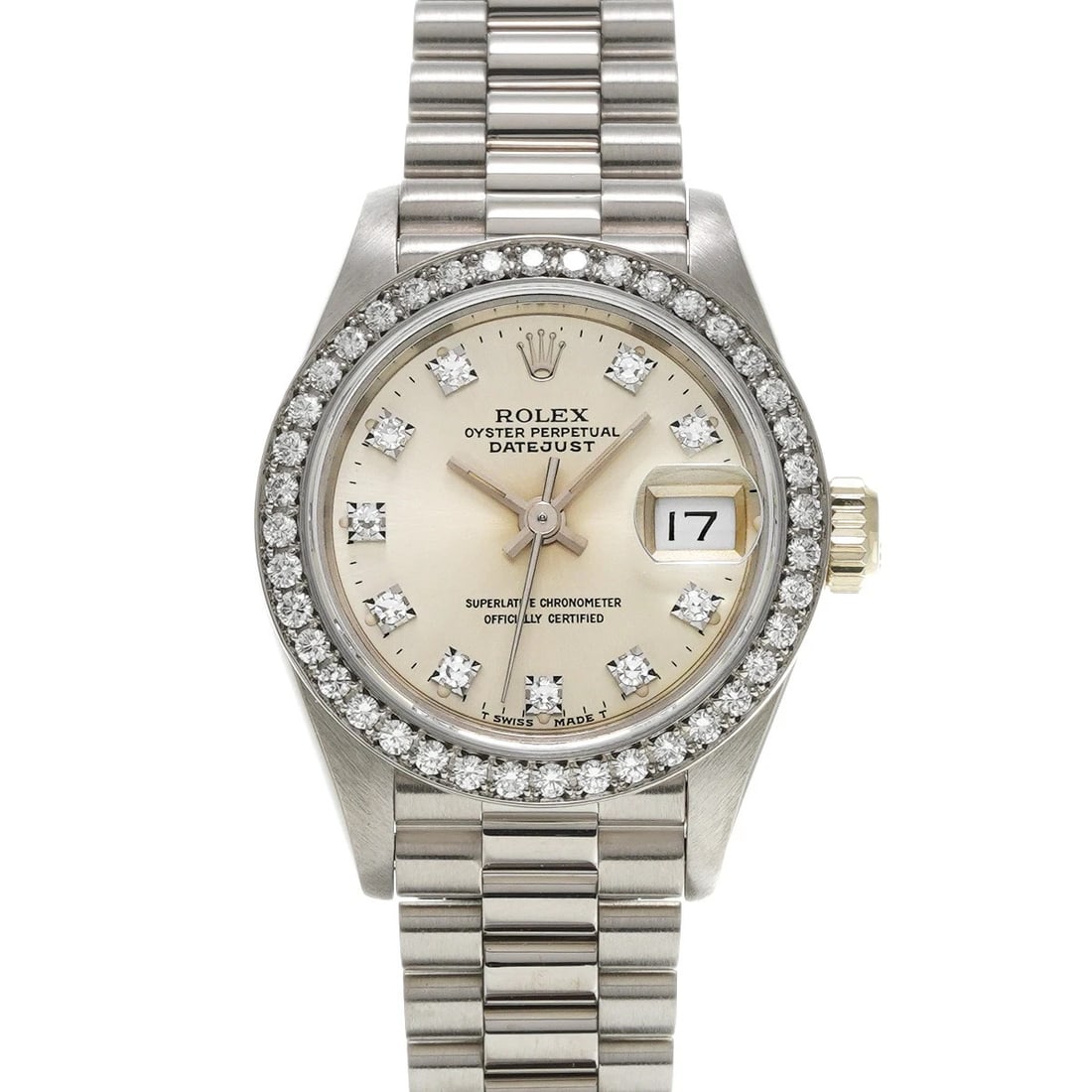 ROLEX DATEJUST SILVER DIAMOND WATCH: ROLEX Datejust Silver diamond Watch Brand: ROLEX Type: Wristwatch Material: Band Material White gold, Case Material White gold Color: Dial Color Silver/diamond Size: ??Case? H/about 26mm