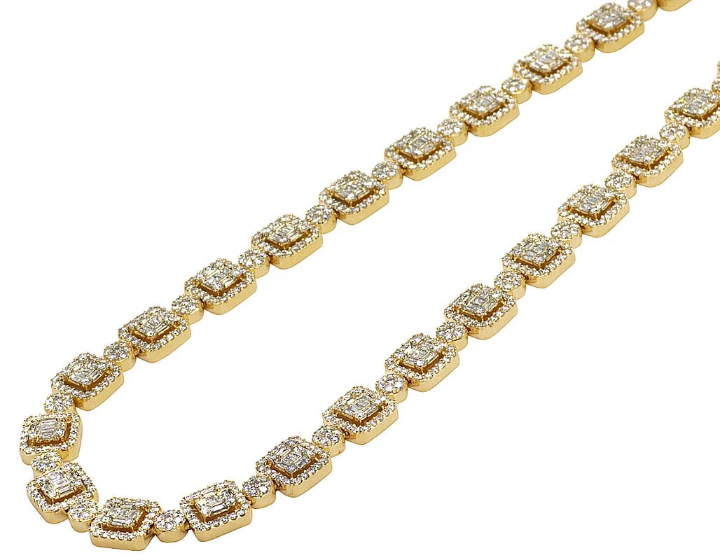 14K YELLOW GOLD BAGUETTE SQUARE HALO CLUSTER REAL DIAMOND CHAIN: 14K Yellow Gold Baguette Square Halo Cluster Real Diamond Chain Brand: None Type: Necklace Material: 14k Yellow Gold Color: Yellow Gold Size: Length 22" Width 9mm Accessories: None Accesso