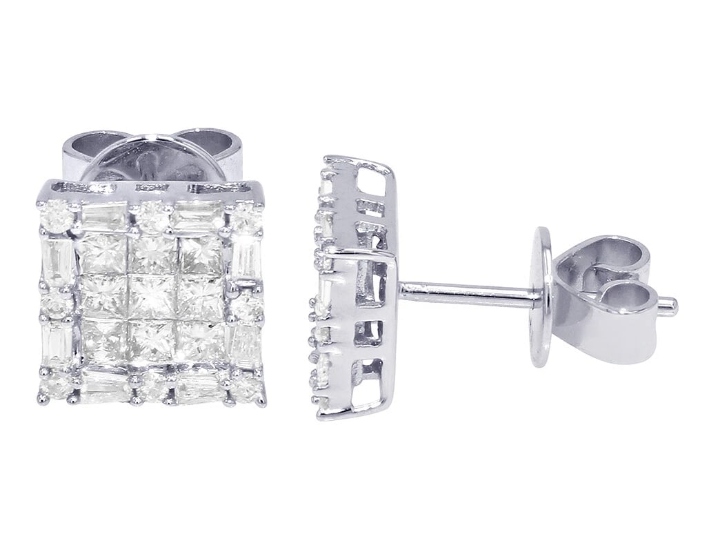 UNISEX SQUARE BAGUETTE PRINCESS CUT REAL DIAMOND STUD EARRINGS: Unisex Square Baguette Princess Cut Real Diamond Stud Earrings Brand: None Type: Earrings Material: 14k White Gold Main Stone/Creation Natural Color: White Gold Size: Dimension 7.8mm Accessories: