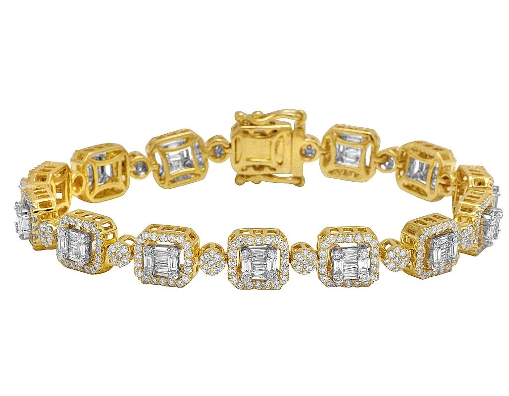 REAL BAGUETTE DIAMOND BRACELET IN 10K YELLOW GOLD: Real Baguette Diamond Bracelet in 10K Yellow Gold Brand: None Type: Bracelet Material: 10K Yellow Gold Color: Yellow Gold Size: Dimension 8" 9MM Accessories: None Accessories Notice: When