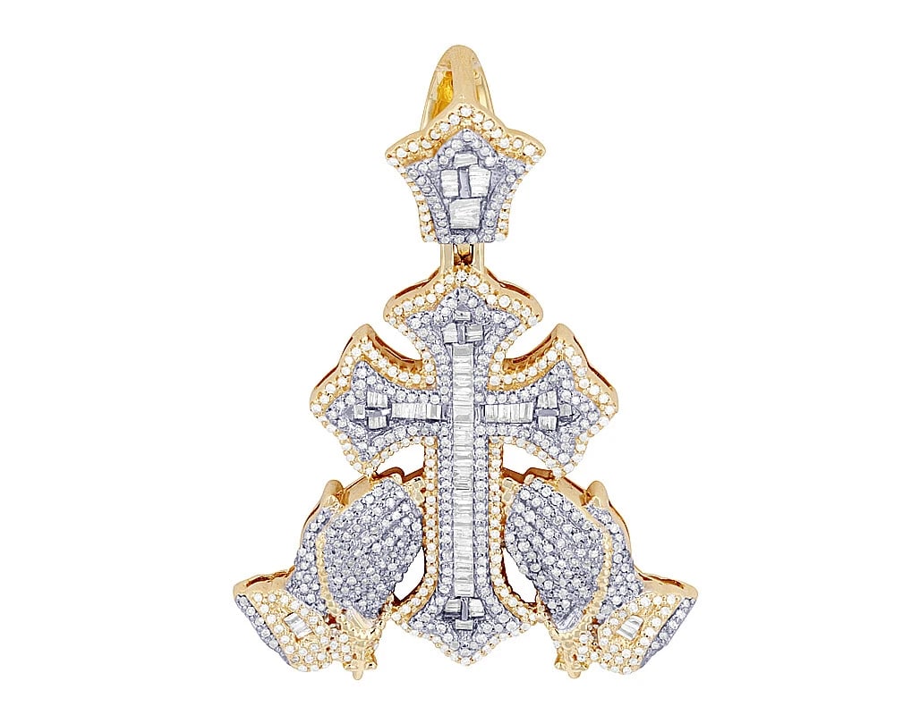 BAGUETTE CROSS WITH PRAYING HANDS REAL DIAMOND PENDANT: Baguette Cross with Praying Hands Real Diamond Pendant Brand: None Type: Pendant Material: 10k Yellow Gold Color: Yellow Gold Size: Dimension L 2" W 33 mm Accessories: None Accessories
