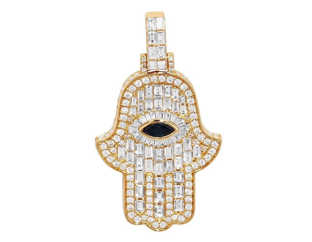REAL BAGUETTE DIAMOND EVIL EYE HAMSA PENDANT: Real Baguette Diamond Evil Eye Hamsa Pendant Brand: None Type: Necklace Material: 10k Yellow Gold Main Stone/Creation Natural Color: Yellow Gold Size: Dimension L 1.5" x W 0.8" x H 4mm 