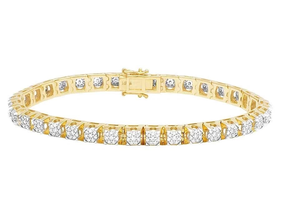 14K YELLOW GOLD GENUINE DIAMOND CLUSTER TENNIS BRACELET: 14K Yellow Gold Genuine Diamond Cluster Tennis Bracelet Brand: None Type: Bracelet Material: 10k Yellow Gold Main Stone/Creation Natural Color: Yellow Gold Size: Dimension 6MM, 8" 
