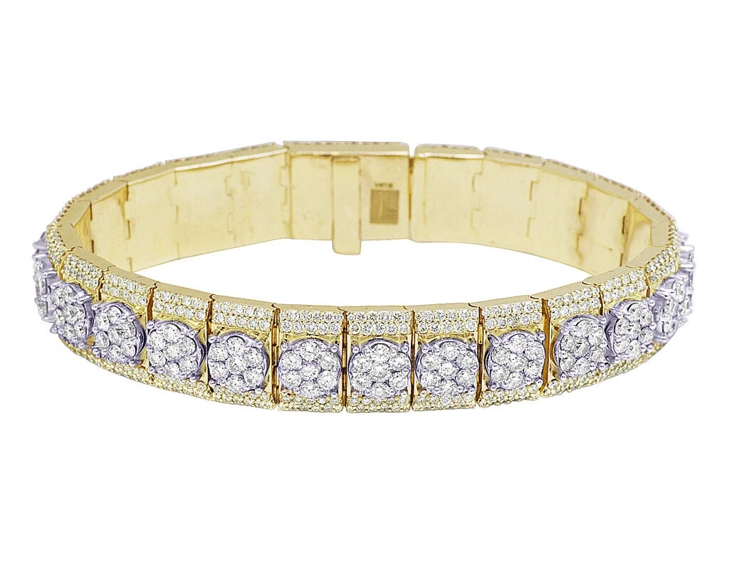 10K YELLOW/WHITE GOLD CLUSTER PRONG SET REAL DIAMOND BRACELET: 10k Yellow/White Gold Cluster Prong Set Real Diamond Bracelet Brand: None Type: bracelet Material: 10k Multi-Tone Gold Color: Multi-Tone Size: Dimension 14MM 8" Accessories: None Accessori