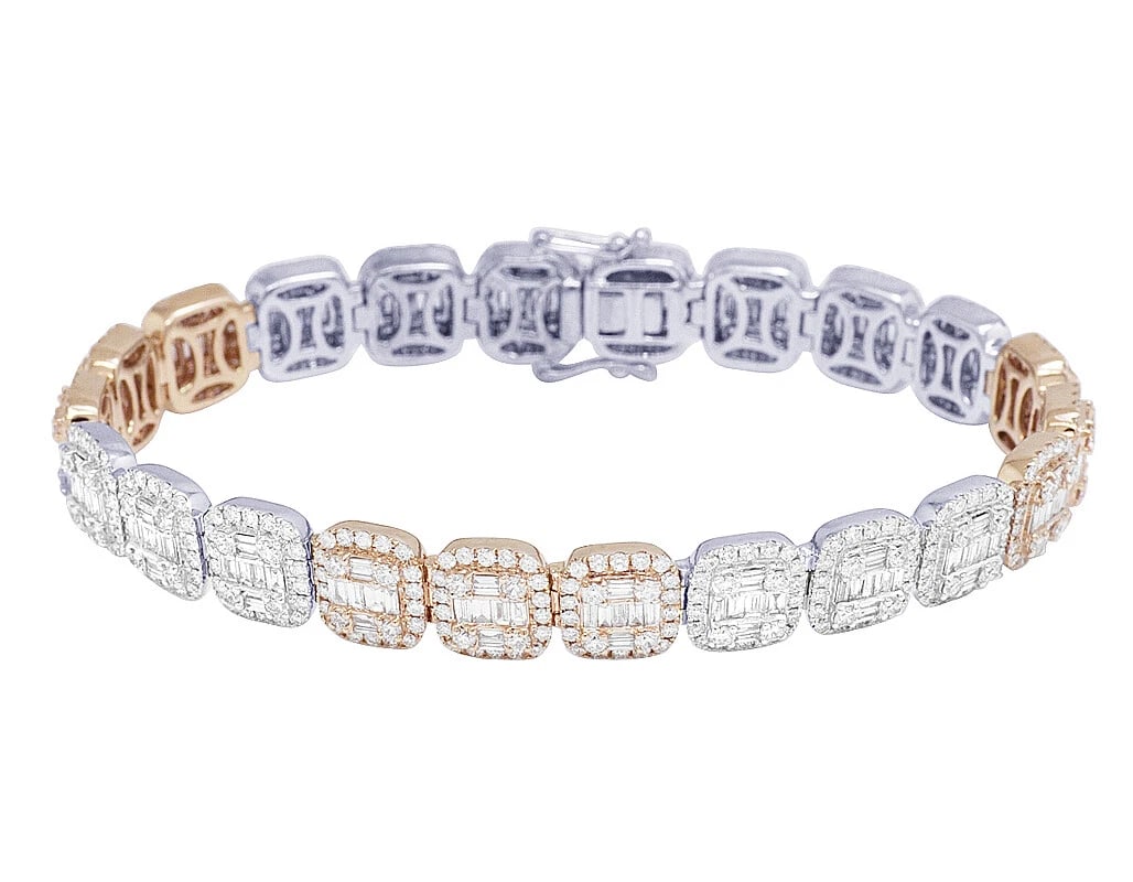 LADIES 14K ROSE/WHITE GOLD REAL DIAMOND BAGUETTE BRACELET: Ladies 14K Rose/White Gold Real Diamond Baguette Bracelet Brand: None Type: Bracelet Material: 14k Multi-Tone Gold Color: Multi-Tone Size: Dimension 10MM 8" Accessories: None Accessories N