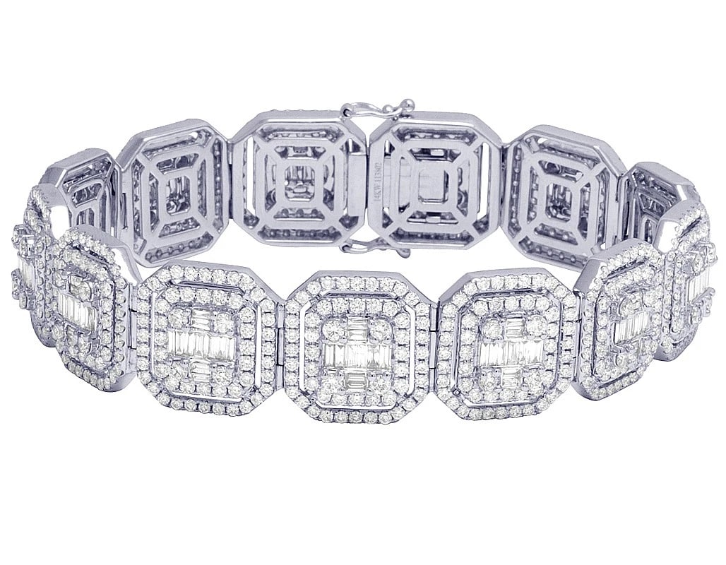 SQUARE BAGUETTE DIAMOND STATEMENT DESIGNER BRACELET: Square Baguette Diamond Statement Designer Bracelet Brand: None Type: Bracelet Material: 14k White Gold Main Stone/Creation Natural Color: White Gold Size: Dimension 17mm, 8 inches Accessories: N