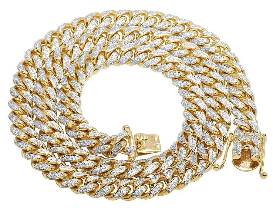 SOLID YELLOW GOLD GENUINE MIAMI CUBAN DIAMOND CHAIN: Solid Yellow Gold Genuine Miami Cuban Diamond Chain Brand: None Type: Necklace Material: 10k Yellow Gold Main Stone/Creation Natural Color: Yellow Gold Size: Length 26 Width 10.5mm 