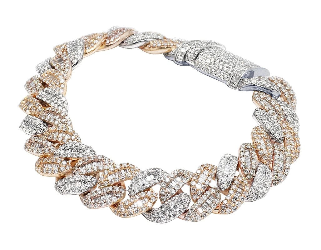 10K TWO-TONE ROSE/WHITE GOLD BAGUETTE REAL DIAMOND BRACELET: 10K Two-Tone Rose/White Gold Baguette Real Diamond Bracelet Brand: None Type: Bracelet Material: 10k Rose Gold Color: Rose Gold Size: Dimension 14MM 8" Accessories: None Accessories Notice