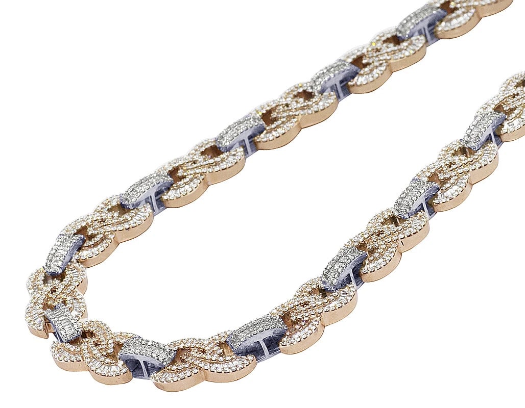 10K ROSE-WHITE GOLD BAGUETTE REAL CUBAN CHAIN: 10K Rose-White Gold Baguette Real Cuban Chain Brand: None Type: Necklace Material: 10k Rose Gold Main Stone/Creation Natural Color: Rose Gold Size: Length 20" Width 13MM Accessories: None