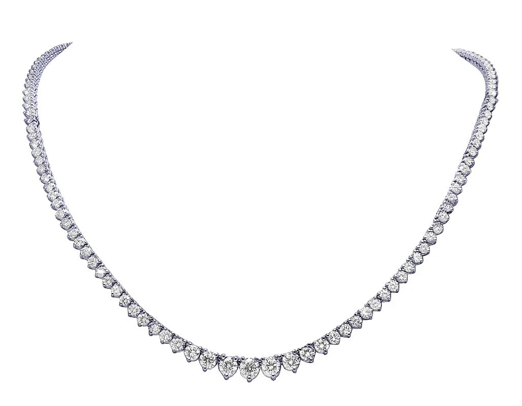 14K WHITE GOLD GRADUATED TENNIS 3 PRONG SETTING DIAMOND NECKLACE: 14k White Gold Graduated Tennis 3 Prong Setting Diamond Necklace Brand: None Type: Pendant Material: 14k White Gold Color: White Gold Size: Length 16" Width 7MM Accessories: None Accessori