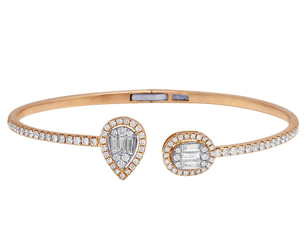 TEAR DROP N OVAL FLEX BAGUETTE REAL DIAMOND BANGLE: Tear Drop n Oval Flex Baguette Real Diamond Bangle Brand: None Type: Bracelet Material: 14k Rose Gold Main Stone/Creation Natural Color: Rose Gold Size: Dimension 13mm x 9mm Length 6.5 in