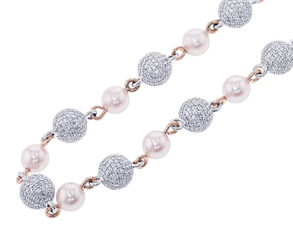 BEADS REAL DIAMOND PINK PEARLS CHAIN NECKLACE: Beads Real Diamond Pink Pearls Chain Necklace Brand: None Type: Necklace Material: 10k Multi-Tone Gold Main Stone/Creation Natural Color: White Gold Size: Length 25" Width 0.3"mm Accessories: