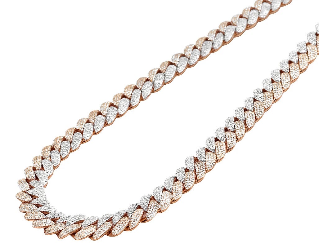 10K ROSE/WHITE GOLD HONEYCOMB REAL DIAMOND CUBAN CHAIN: 10k Rose/White Gold Honeycomb Real Diamond Cuban Chain Brand: None Type: Material: 10k Multi-Tone Gold Color: Multi-Tone Size: Length 21" Width 10MM Accessories: None Accessories Notice: When