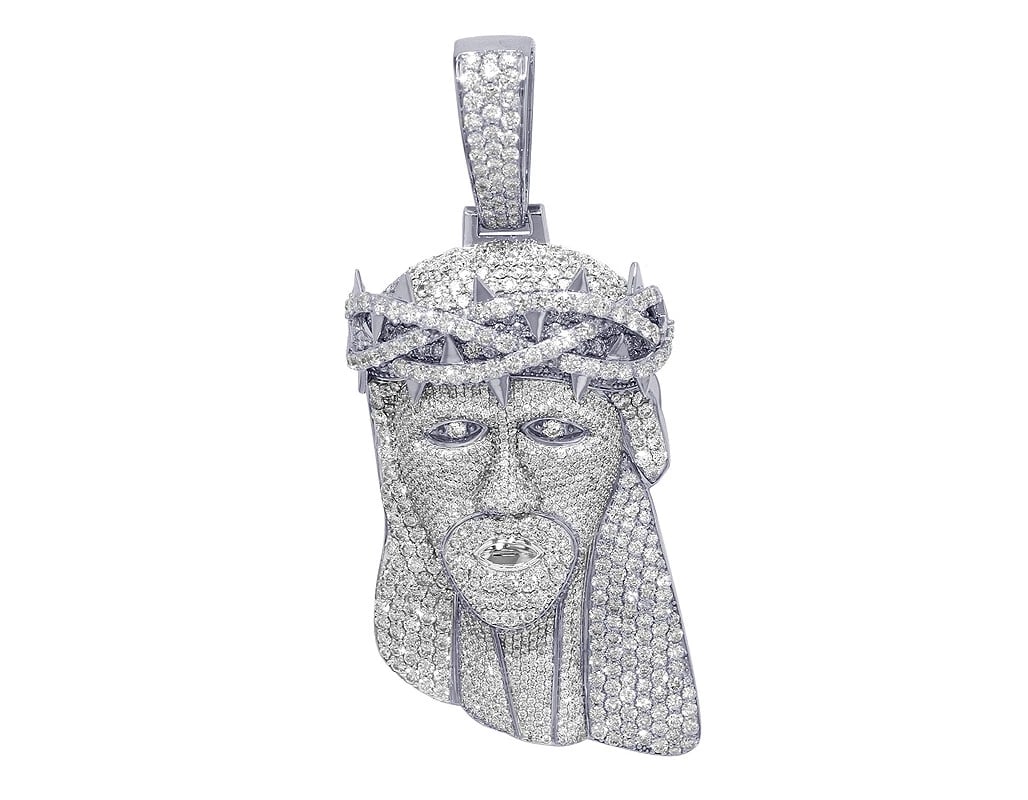 LARGE ICED DIAMOND JESUS PENDANT: Large iced Diamond Jesus Pendant Brand: None Type: Pendant Material: 10k White Gold Main Stone/Creation Natural Color: White Gold Size: Dimension(s) 3.4" x 1.5" x 16mm Accessories: None