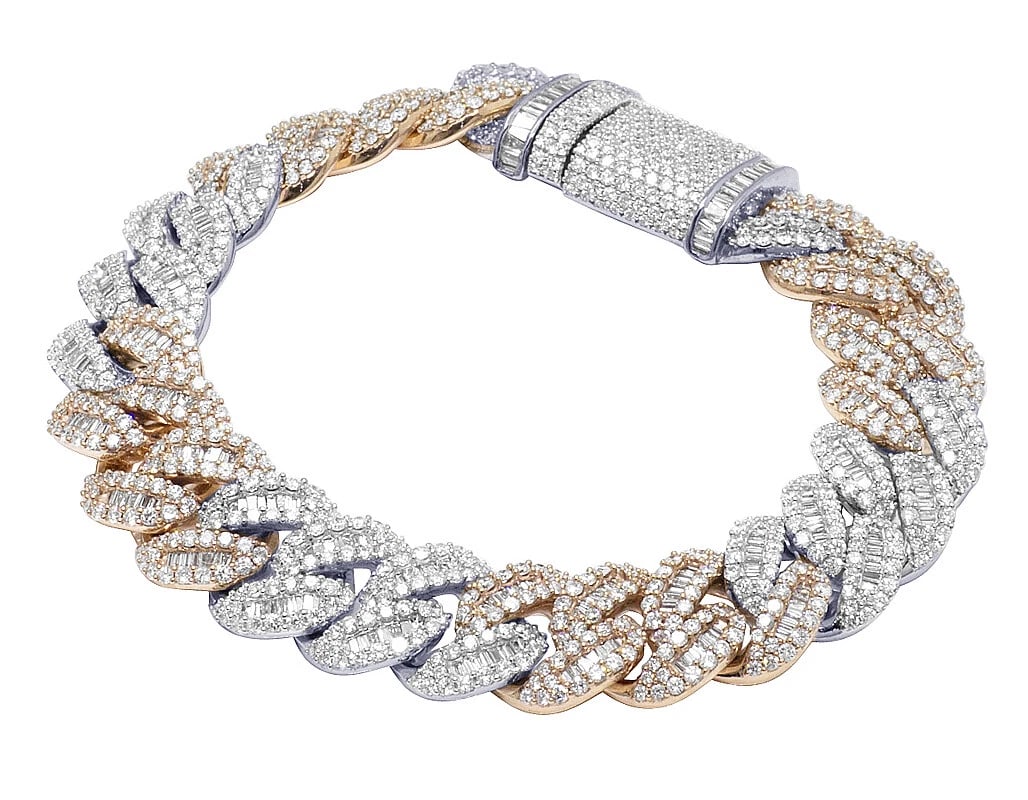 10K TWO-TONE REAL BAGUETTE DIAMOND MIAMI CUBAN BRACELET: 10K Two-Tone Real Baguette Diamond Miami Cuban Bracelet Brand: None Type: Bracelet Material: 10k Multi-Tone Gold Color: Multi-Tone Size: Dimension 14MM 8" Accessories: None Accessories