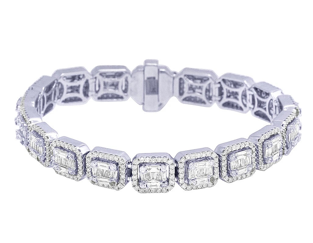 WHITE GOLD GRADUATING BAGUETTE REAL DIAMOND HALO BRACELET (1 of 3)