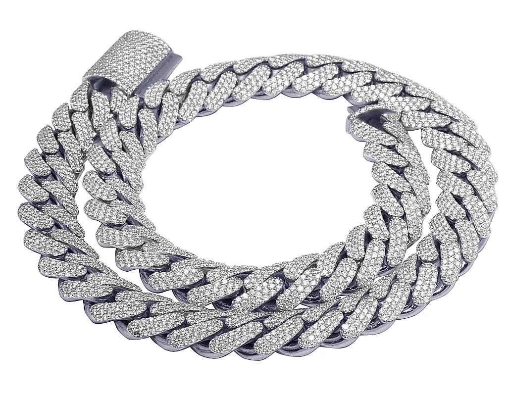 10K WHITE GOLD PRONG -SET HONEYCOMB REAL DIAMOND CUBAN CHAIN: 10k White Gold Prong -Set Honeycomb Real Diamond Cuban Chain Brand: None Type: Necklace Material: 10k White Gold Main Stone/Creation Natural Color: White Gold Size: Length 20" Width 16MM 