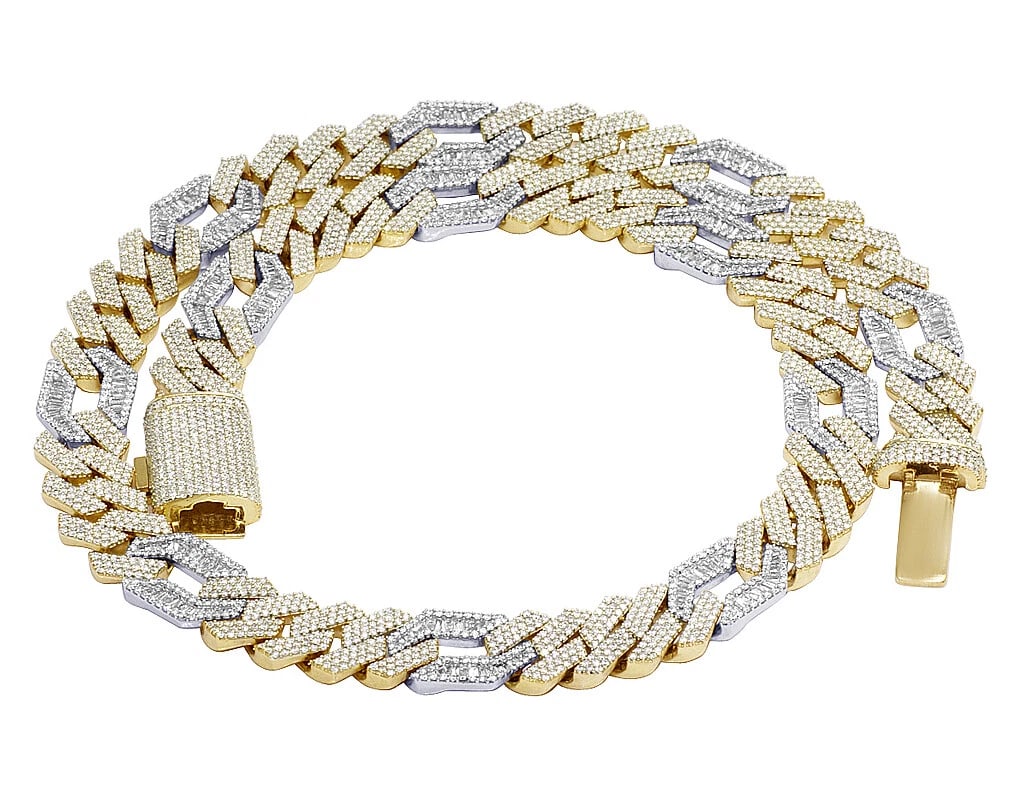 YELLOW/ WHITE GOLD FIGARO LINK BAGUETTE REAL DIAMOND CUBAN NECKLACE (1 of 3)